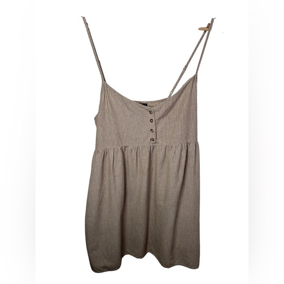 Volcom Sunday Strut Beige Pinstripe Button Front Babydoll Mini Dress Size L - Picture 10 of 14